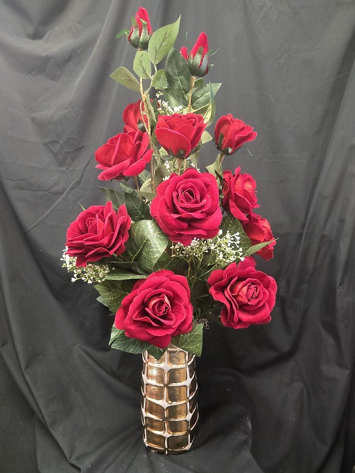 Enduring Artificial Red Roses in Gold Vase