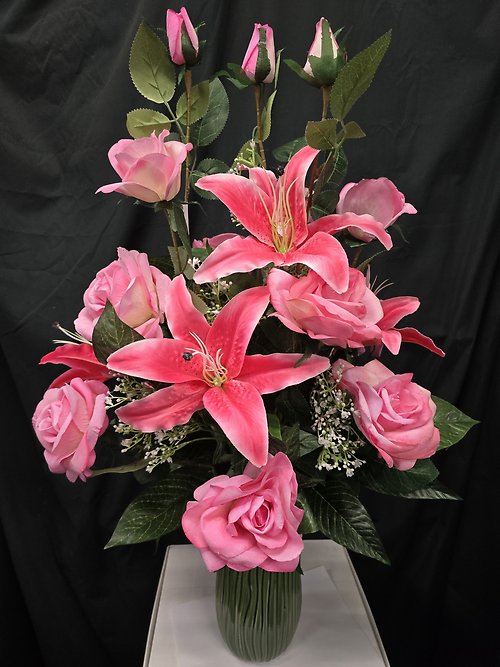 Enduring Artificial Pink Roses & Lilies Vased