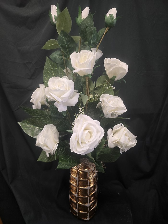 Enduring Artificial White Roses in Gold Vase